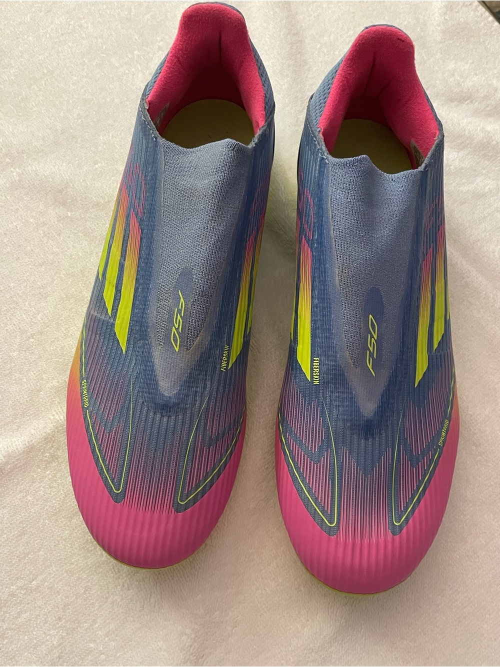 adidas Men’s Soccer Sneakers in Pink, Blue & Neon Yellow